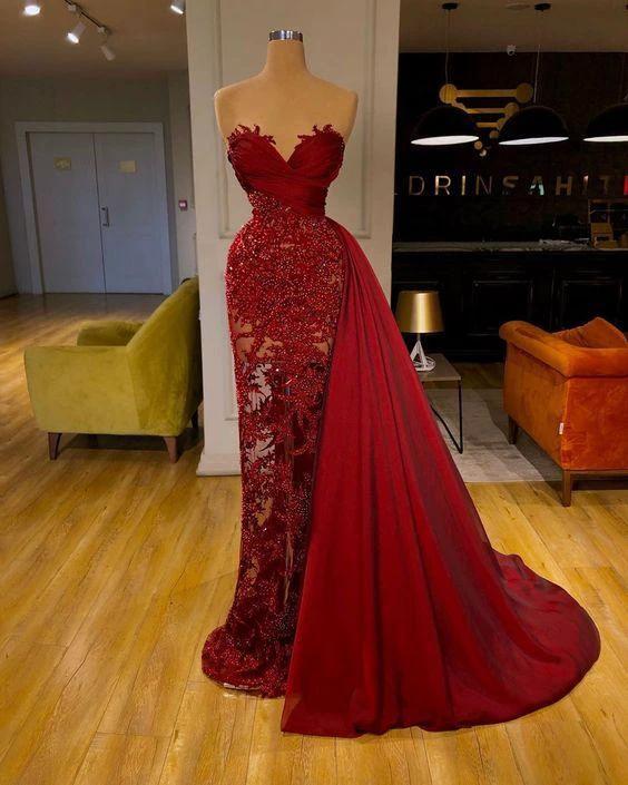 luxury Burgundy Detachable Train Mermaid Prom Dress with Lace by misshow.com