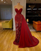 luxury Burgundy Detachable Train Mermaid Prom Dress with Lace by misshow.com