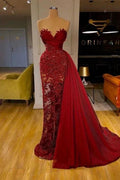 luxury Burgundy Detachable Train Mermaid Prom Dress with Lace by misshow.com