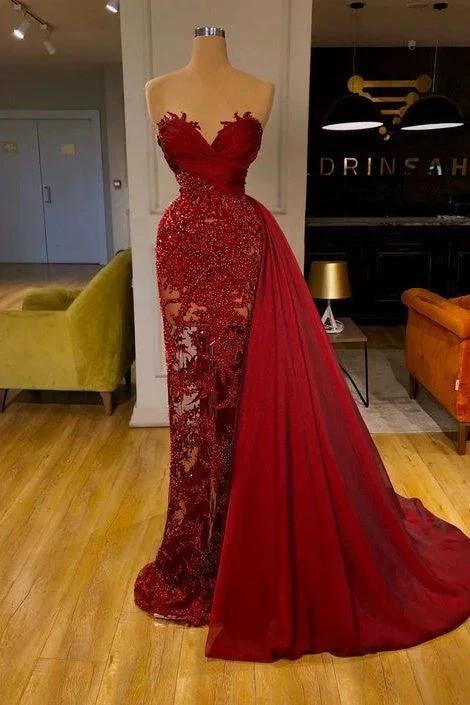 luxury Burgundy Detachable Train Mermaid Prom Dress with Lace by misshow.com