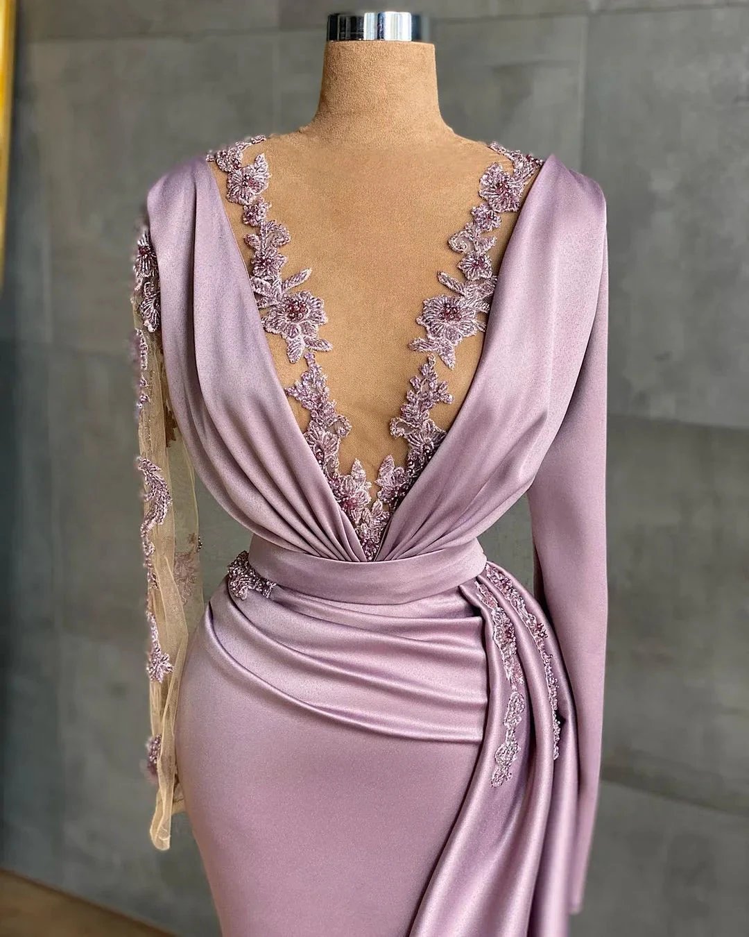 Luxury Floor-length Light Purple Ruffles Mermaid Prom Dresses With Long Sleeves by misshow.com