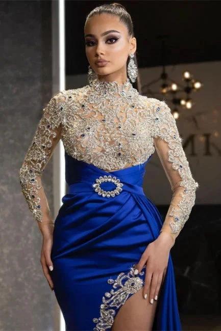 Luxus Neckholder Royalblau Satin Meerjungfrau Abend Maxikleid Lange Ärmel Kristalle Gold Applikationen Partykleid