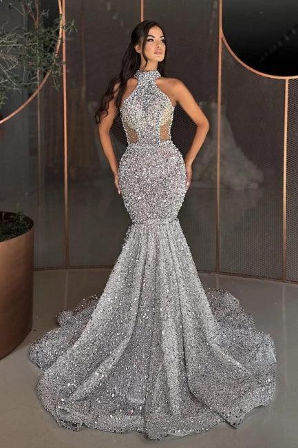 Luxury high neck sleeveless mermaid sequined prom dresses rhinestones by misshow.com