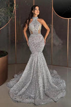 Luxury high neck sleeveless mermaid sequined prom dresses rhinestones by misshow.com