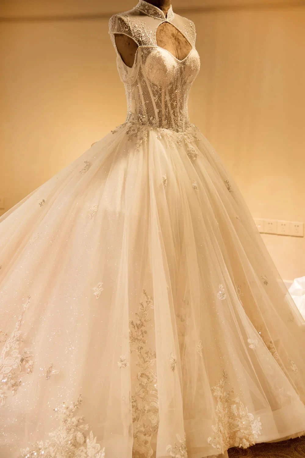 Luxury Illusion Neck Lace-up Tulle Ball Gown Wedding Dress Modest Ivory Sparkle Bridal Gowns by misshow.com