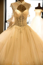Luxury Illusion Neck Lace-up Tulle Ball Gown Wedding Dress Modest Ivory Sparkle Bridal Gowns by misshow.com
