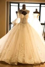Luxury Illusion Neck Lace-up Tulle Ball Gown Wedding Dress Modest Ivory Sparkle Bridal Gowns by misshow.com
