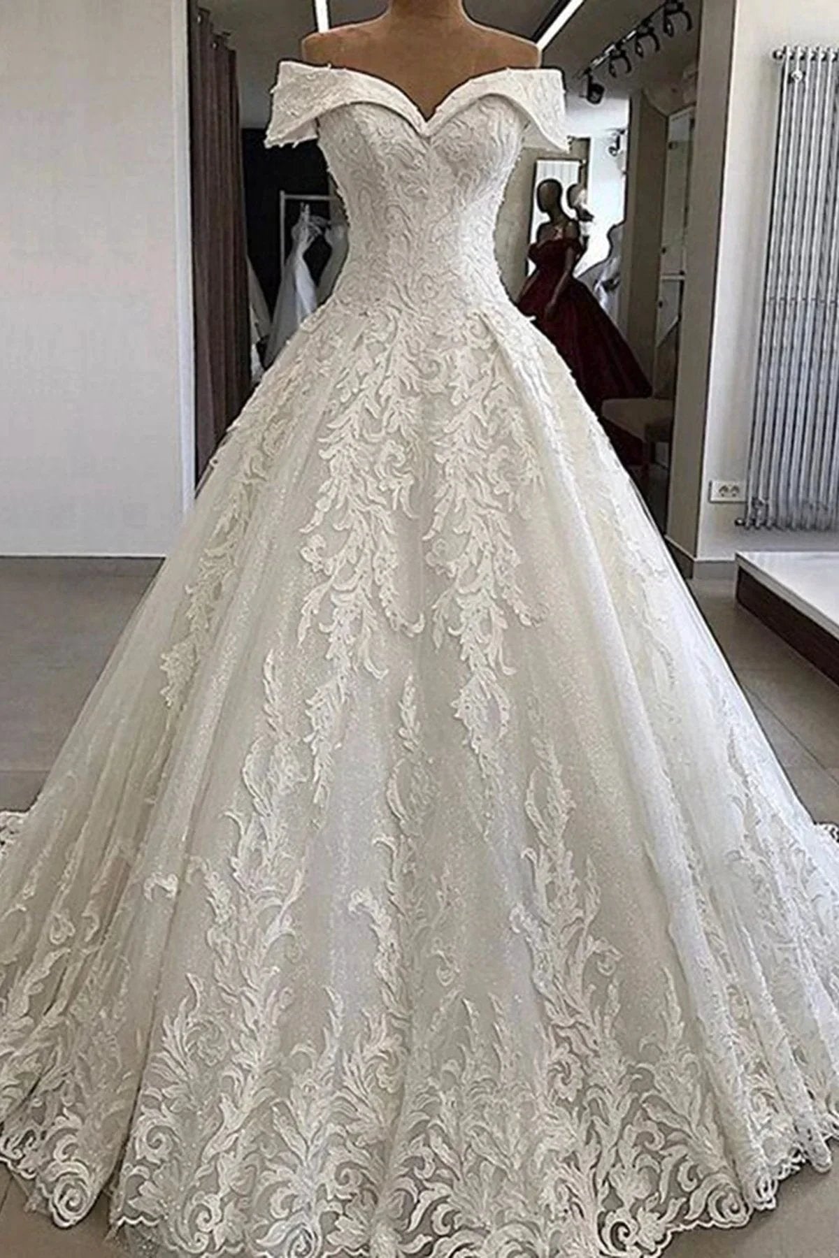 Luxury Long A-line Off the Shoulder Applique Lace Wedding Dress by BIZTUNNEL