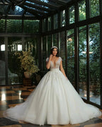 Luxury Long A-line V-neck Beads Tulle Glitter Wedding Dress with Cap Sleeves by BIZTUNNEL