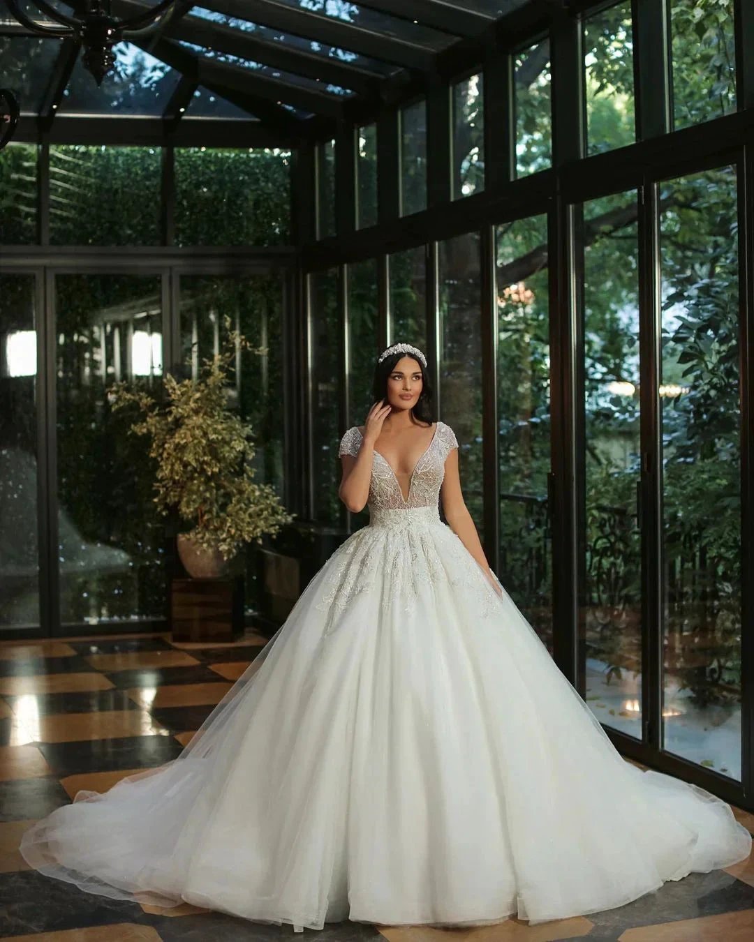 Luxury Long A-line V-neck Beads Tulle Glitter Wedding Dress with Cap Sleeves by BIZTUNNEL