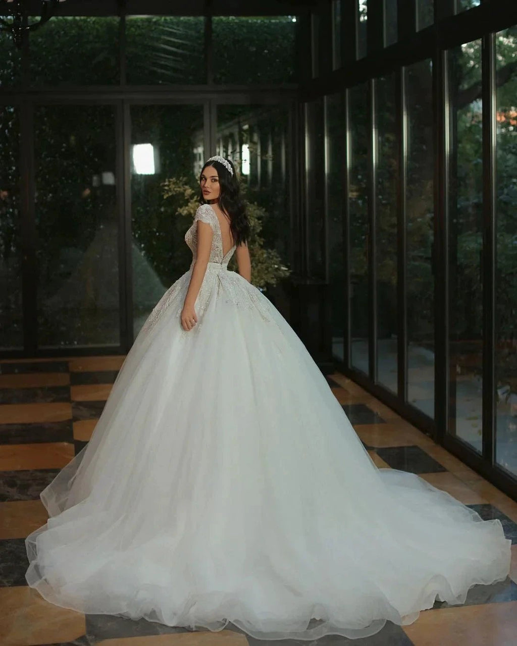 Luxury Long A-line V-neck Beads Tulle Glitter Wedding Dress with Cap Sleeves by BIZTUNNEL