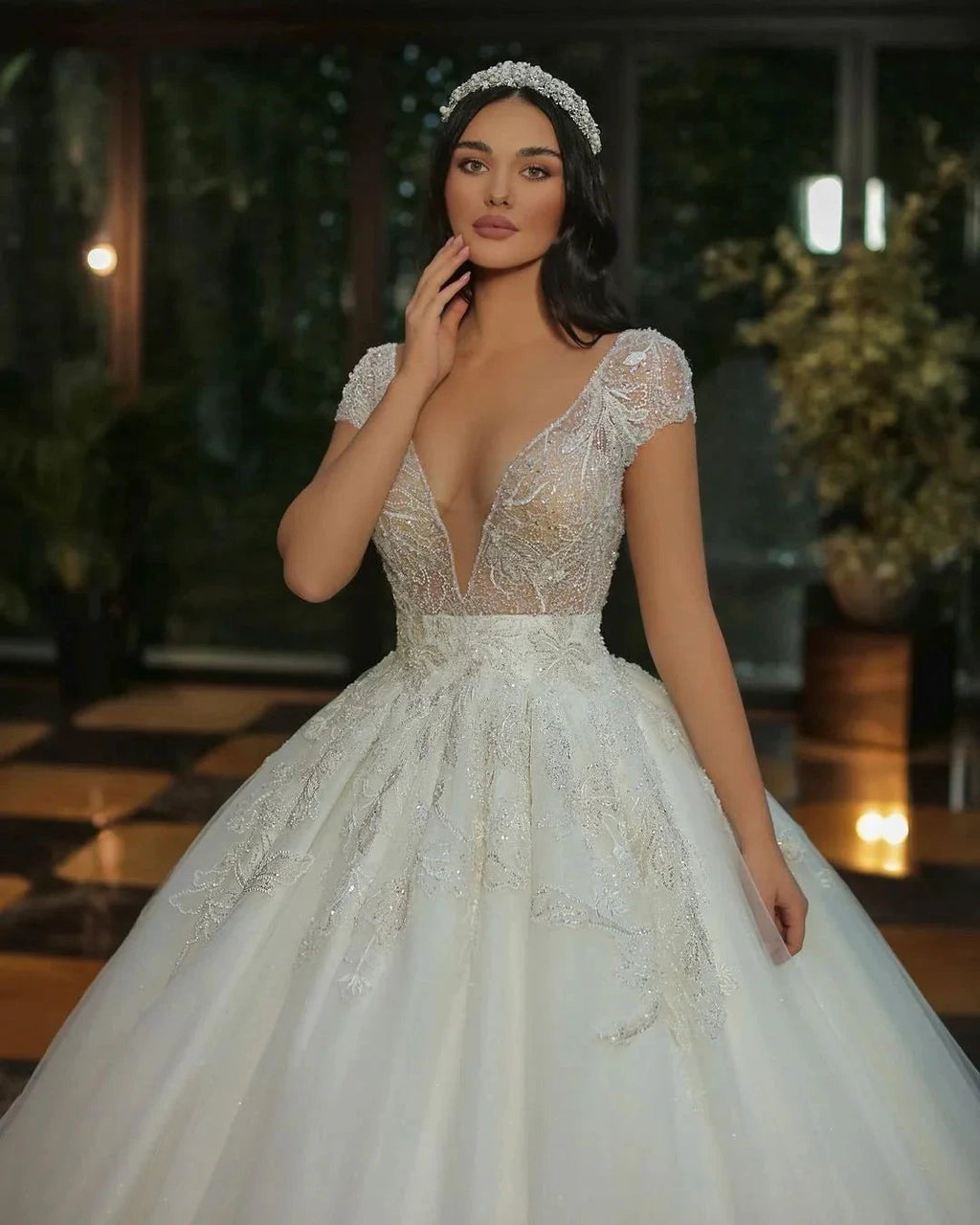 Luxury Long A-line V-neck Beads Tulle Glitter Wedding Dress with Cap Sleeves by BIZTUNNEL