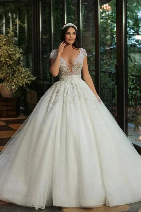Luxury Long A-line V-neck Beads Tulle Glitter Wedding Dress with Cap Sleeves by BIZTUNNEL