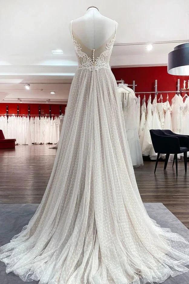 Luxury Long A-line V-neck Tulle Open Back Lace Wedding Dress by BIZTUNNEL