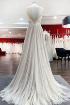 Luxury Long A-line V-neck Tulle Open Back Lace Wedding Dress by BIZTUNNEL