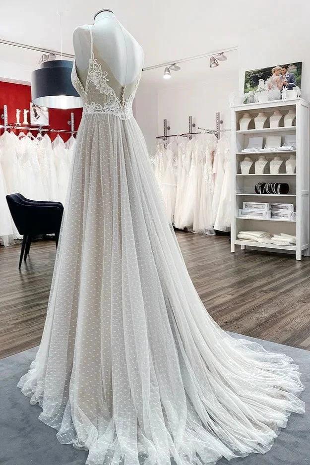 Luxury Long A-line V-neck Tulle Open Back Lace Wedding Dress by BIZTUNNEL