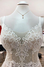 Luxury Long A-line V-neck Tulle Open Back Lace Wedding Dress by BIZTUNNEL