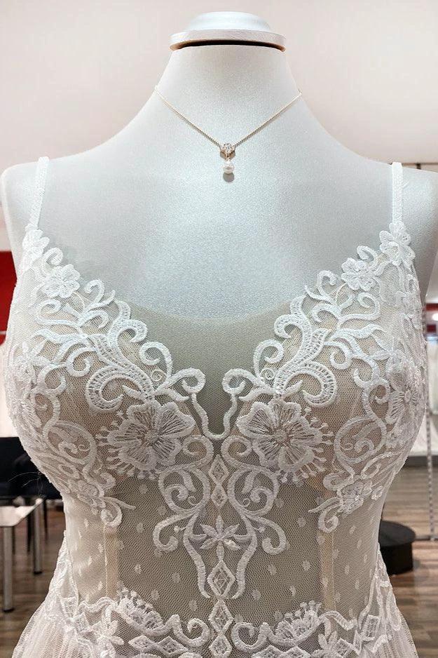 Luxury Long A-line V-neck Tulle Open Back Lace Wedding Dress by BIZTUNNEL