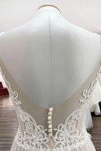 Luxury Long A-line V-neck Tulle Open Back Lace Wedding Dress by BIZTUNNEL