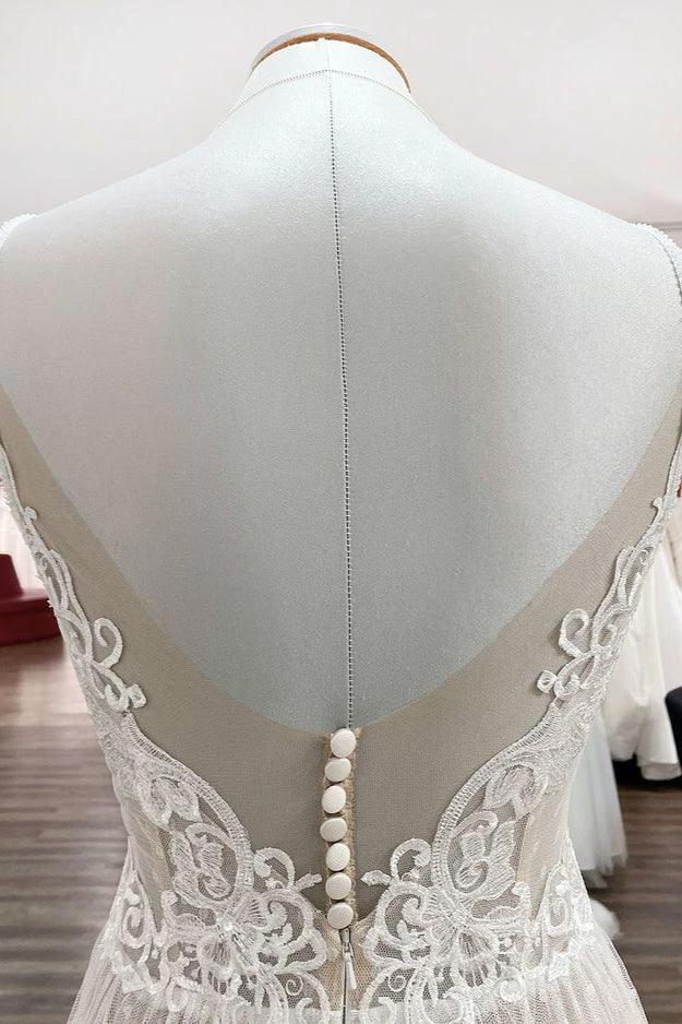 Luxury Long A-line V-neck Tulle Open Back Lace Wedding Dress by BIZTUNNEL