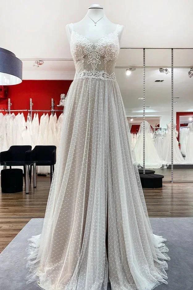 Luxury Long A-line V-neck Tulle Open Back Lace Wedding Dress by BIZTUNNEL