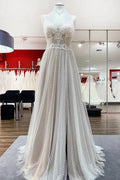 Luxury Long A-line V-neck Tulle Open Back Lace Wedding Dress by BIZTUNNEL