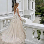 Luxury Long A-line V-neck Tulle Sleeveless Backless Wedding Dress with Lace by BIZTUNNEL