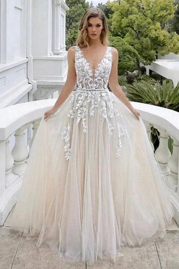 Luxury Long A-line V-neck Tulle Sleeveless Backless Wedding Dress with Lace by BIZTUNNEL
