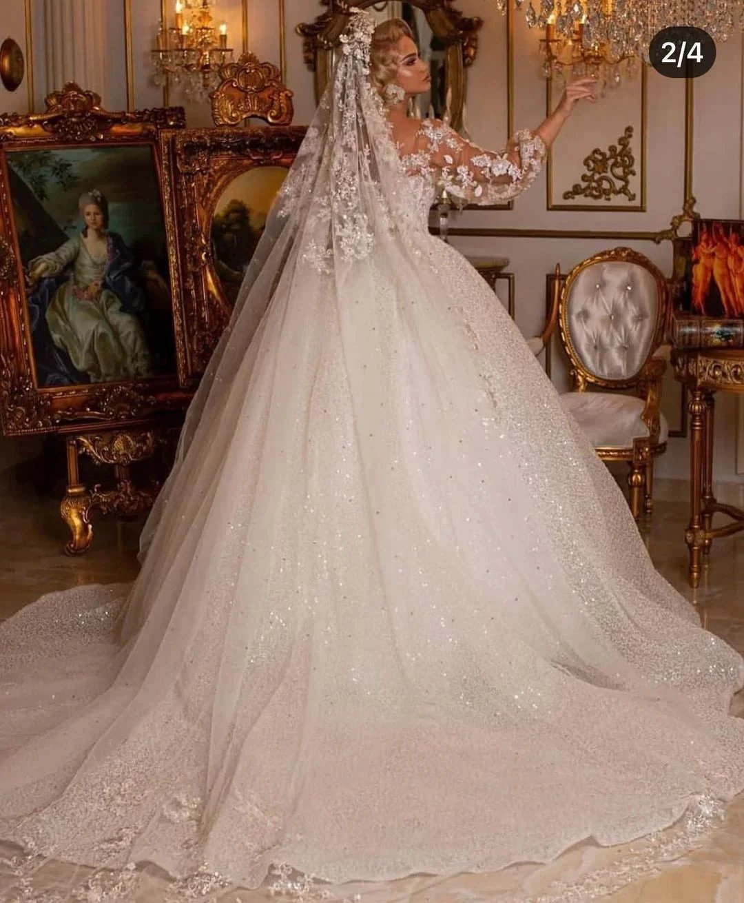 Luxury Long Ball Gown Glitter Wedding Dress with Puffy Sleeves by BIZTUNNEL