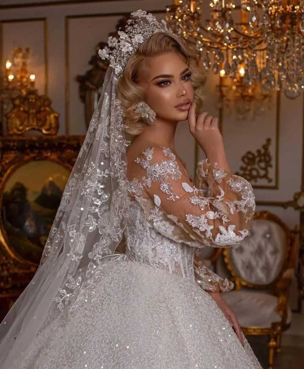 Luxury Long Ball Gown Glitter Wedding Dress with Puffy Sleeves by BIZTUNNEL