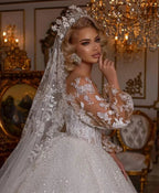 Luxury Long Ball Gown Glitter Wedding Dress with Puffy Sleeves by BIZTUNNEL