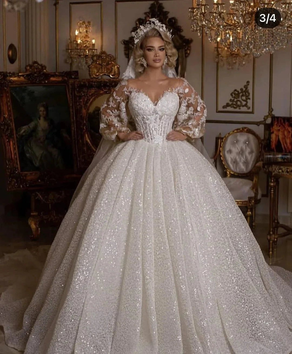 Luxury Long Ball Gown Glitter Wedding Dress with Puffy Sleeves by BIZTUNNEL