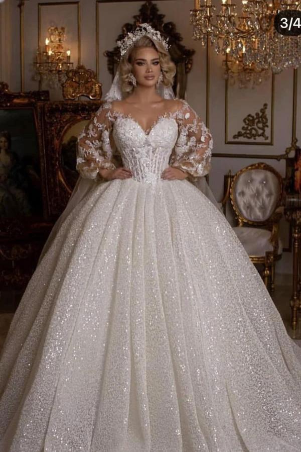 Luxury Long Ball Gown Glitter Wedding Dress with Puffy Sleeves by BIZTUNNEL