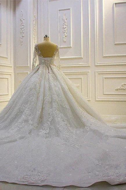 Luxury Long Ball Gown Lace Appliques Wedding Dress with Sleeves by BIZTUNNEL