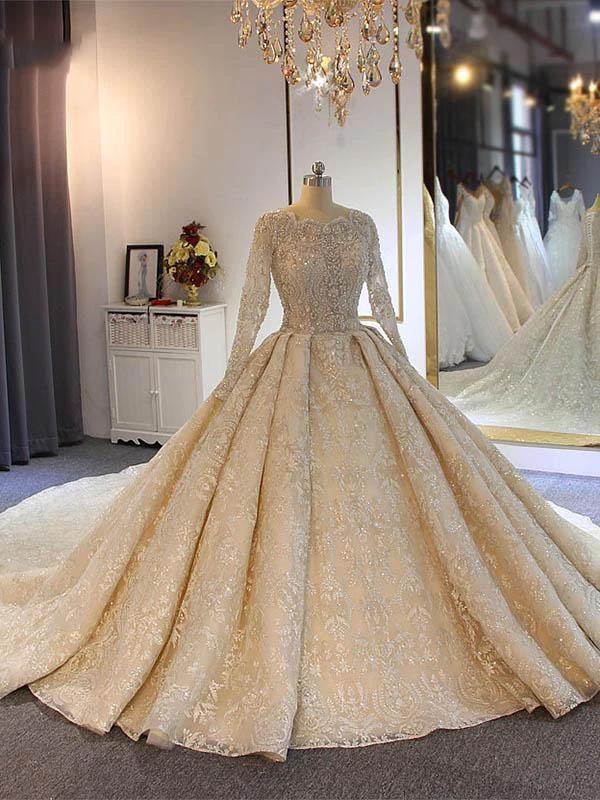 Luxury Long Ball Gown Lace Beading Wedding Dresses with Sleeves by BIZTUNNEL