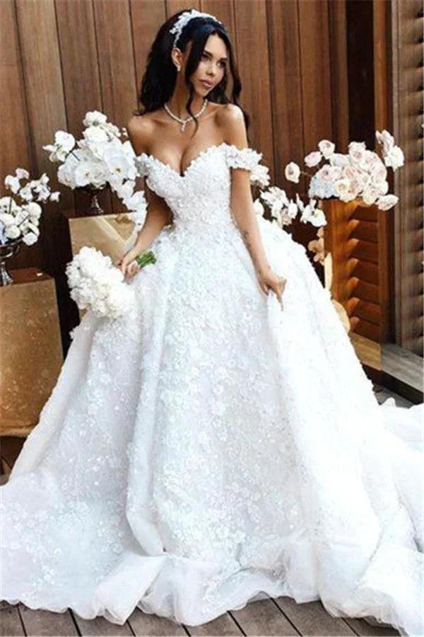 Luxury Long Ball Gown Off The Shoulder Appliques Lace Wedding Dresses by BIZTUNNEL