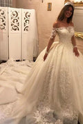 Luxury Long Ball Gown Off the Shoulder Chapel Train Appliques Wedding Dress with Sleeves by BIZTUNNEL