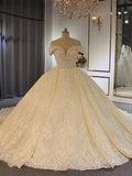 Luxury Long Ball Gown Off-the-Shoulder Lace Tulle Wedding Dresses with Beading by BIZTUNNEL
