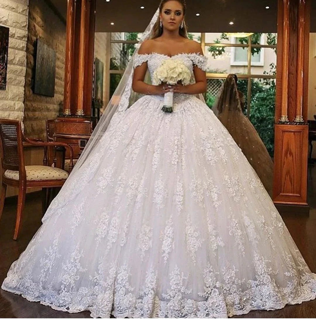 Luxury Long Ball Gown Off-the-shoulder Lace Wedding Dress with Catheral Train by BIZTUNNEL
