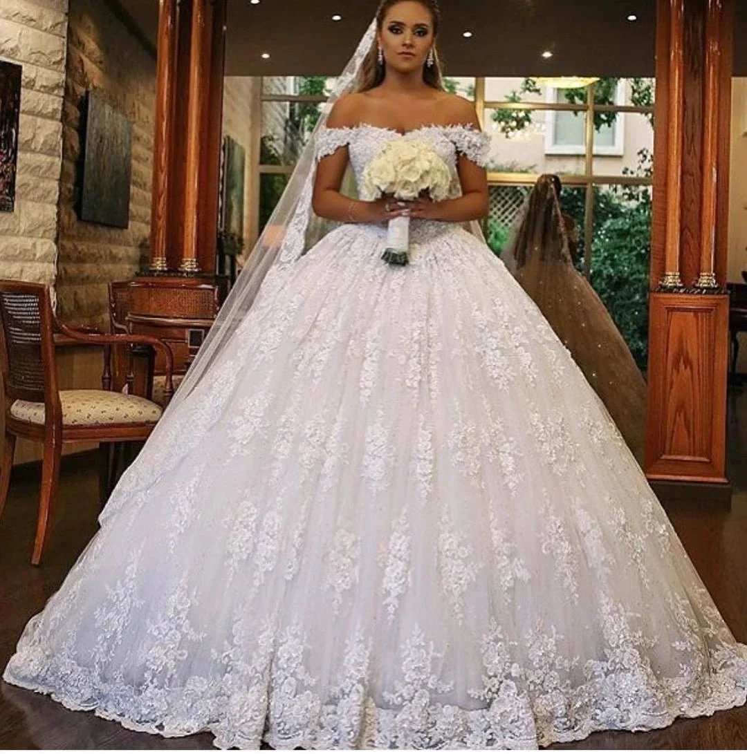 Luxury Long Ball Gown Off-the-shoulder Lace Wedding Dress with Catheral Train by BIZTUNNEL