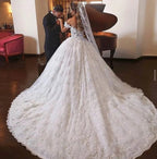 Luxury Long Ball Gown Off-the-shoulder Lace Wedding Dress with Catheral Train by BIZTUNNEL