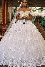 Luxury Long Ball Gown Off-the-shoulder Lace Wedding Dress with Catheral Train by BIZTUNNEL