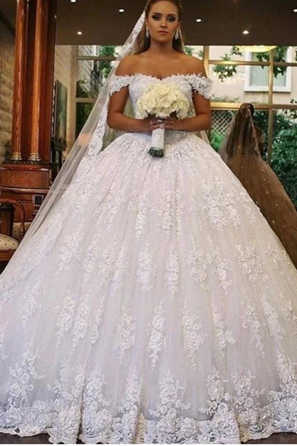 Luxury Long Ball Gown Off-the-shoulder Lace Wedding Dress with Catheral Train by BIZTUNNEL