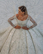 Luxury Long Ball Gown Sequin Off The Shoulder Backless Wedding Dress with Sleeves by BIZTUNNEL