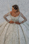 Luxury Long Ball Gown Sequin Off The Shoulder Backless Wedding Dress with Sleeves by BIZTUNNEL