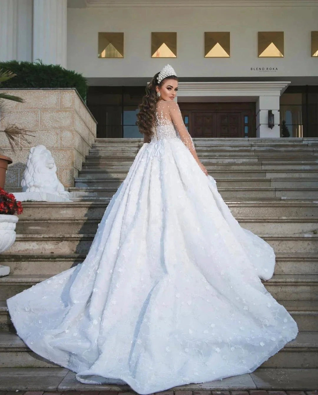 Luxury Long Ball Gown Sweeteart Beads Glitter Wedding Dress with Sleeves by BIZTUNNEL