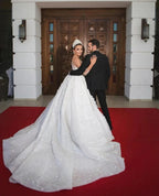 Luxury Long Ball Gown Sweeteart Beads Glitter Wedding Dress with Sleeves by BIZTUNNEL