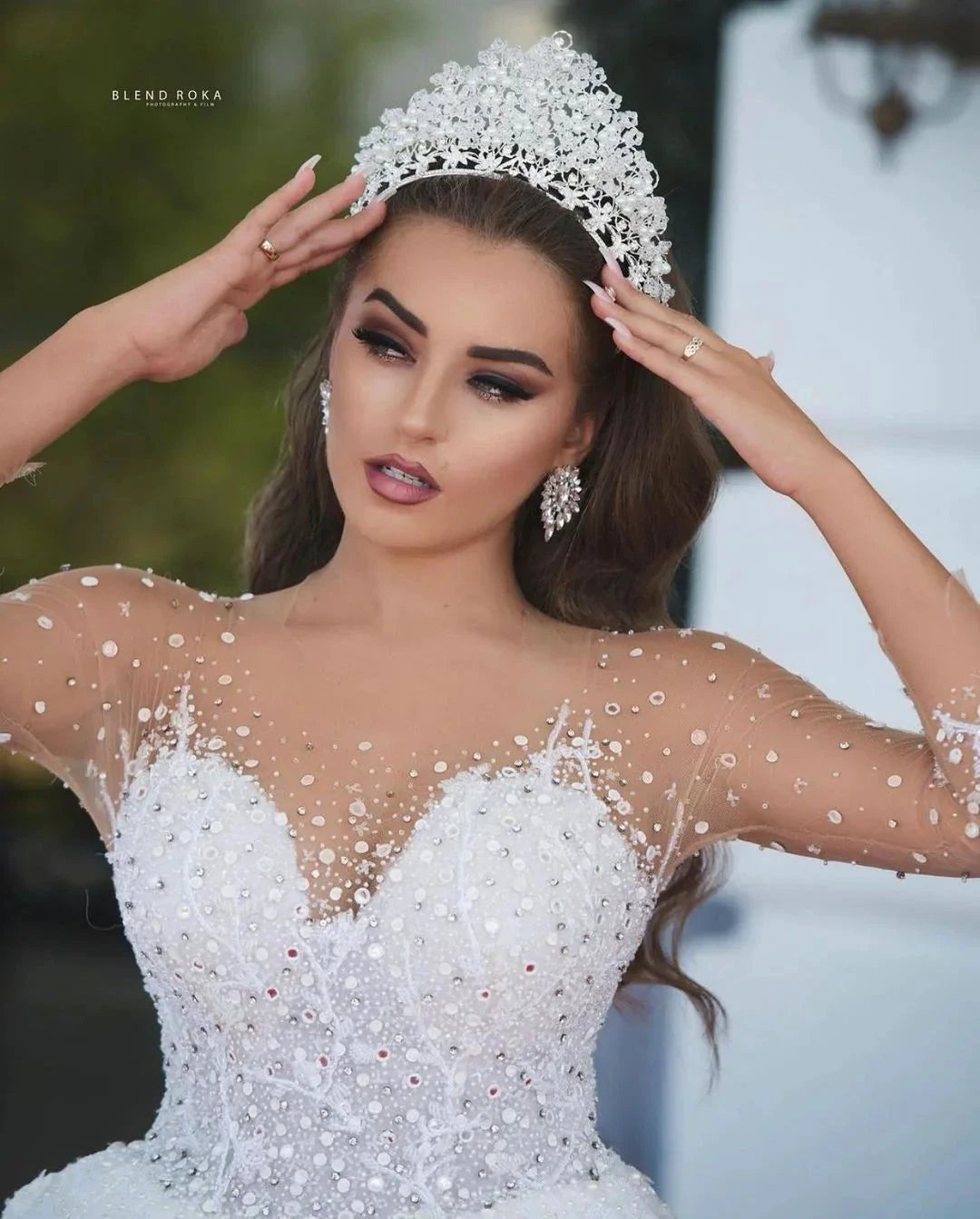 Luxury Long Ball Gown Sweeteart Beads Glitter Wedding Dress with Sleeves by BIZTUNNEL