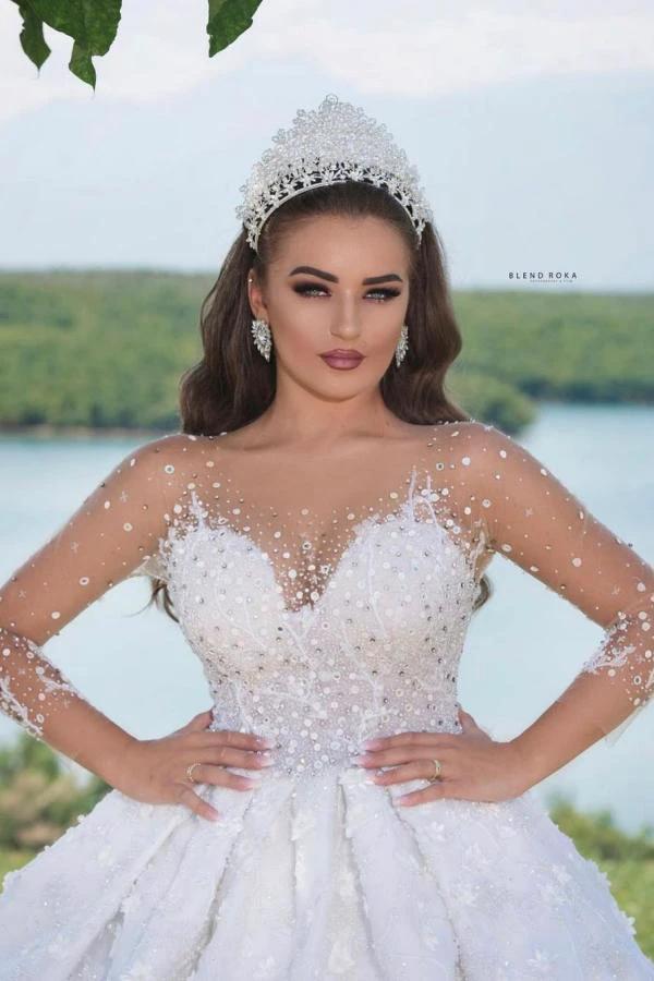 Luxury Long Ball Gown Sweeteart Beads Glitter Wedding Dress with Sleeves by BIZTUNNEL