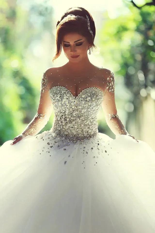 Luxury Long Ball Gown Sweetheart Crystals Beading Wedding Dresses with Sleeves by BIZTUNNEL